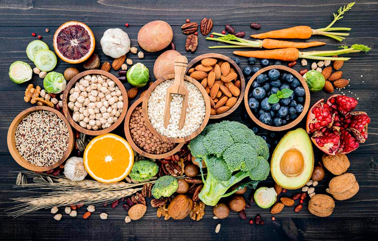 Top view of fresh food on a dark background