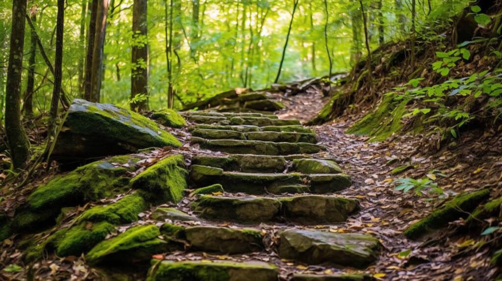 AI generated image of a hiking trail in the mountains, curved natural stone steps