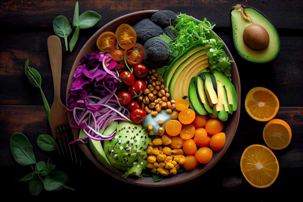 Top view of fresh food on a dark background