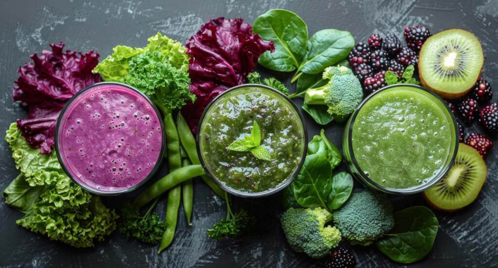 Various Green Smoothies on Dark Background