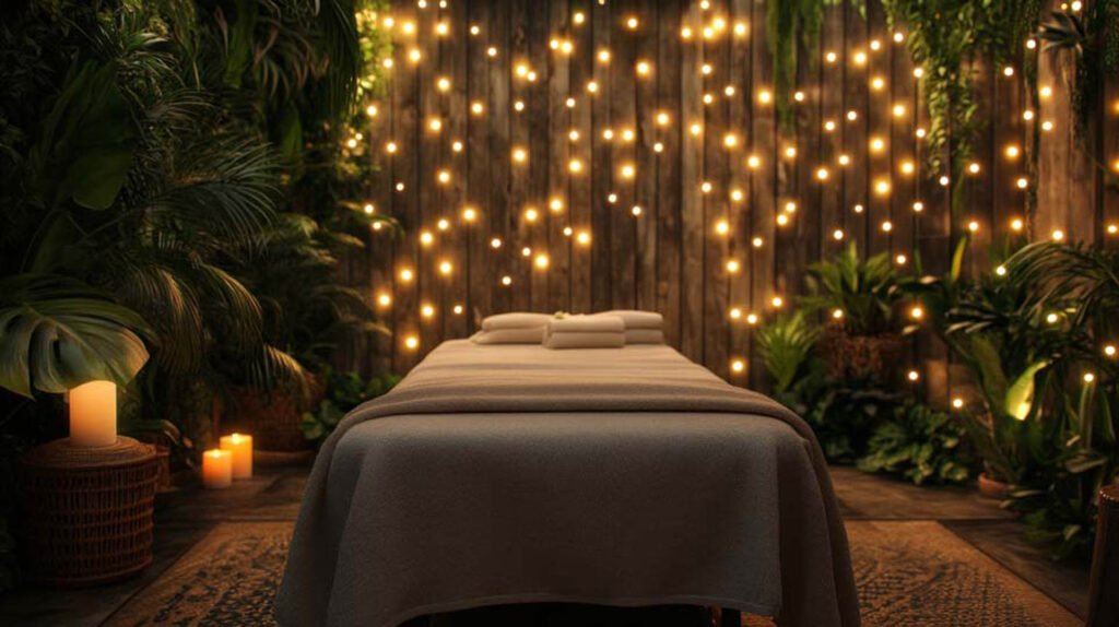 A massage table in a room with candles and plants
