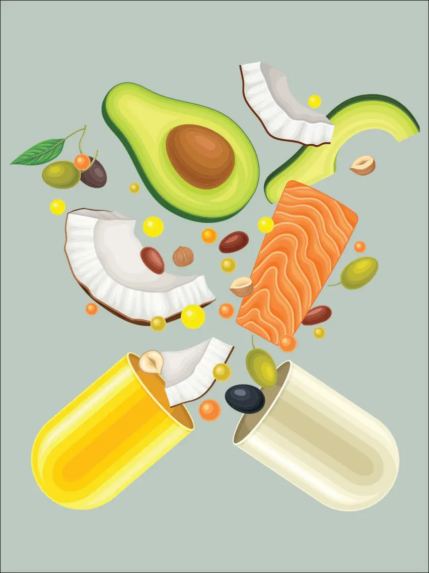 An illustration of a supplement capsule split in half with protein, fruit, veggies and healthy fat food items spilling out