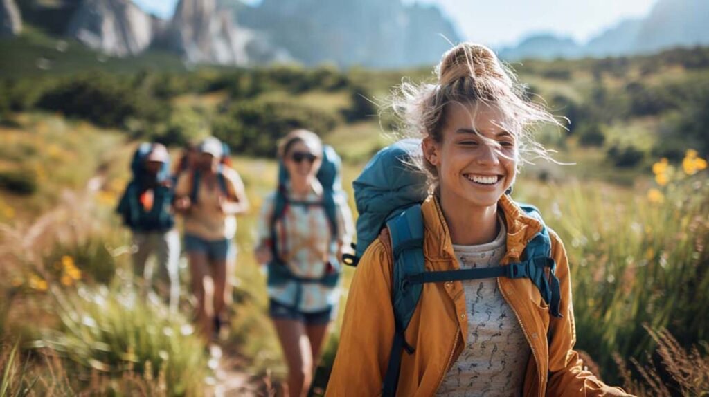 AI generated image of a group of friends hiking together in the mountains