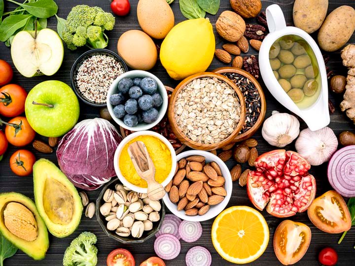 Pile of fruits and vegetables in many appetizing colors, shot from above