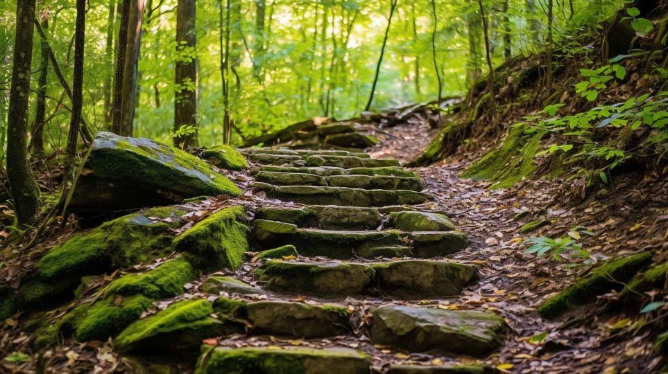 AI generated image of a hiking trail in the mountains, curved natural stone steps
